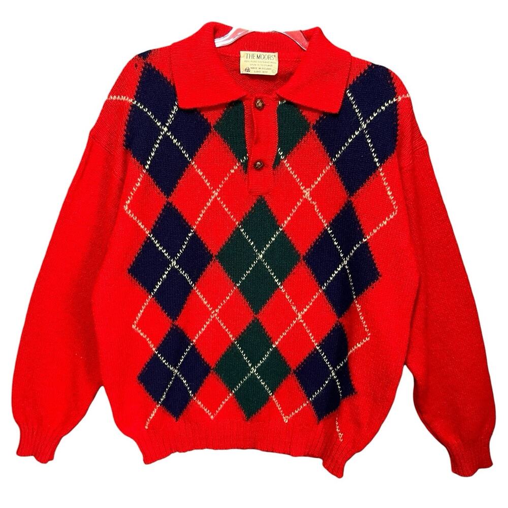 Vtg Lord Jeff The Moors Argyle Sweater Sz L Shetland Wool Red Geometric Academia